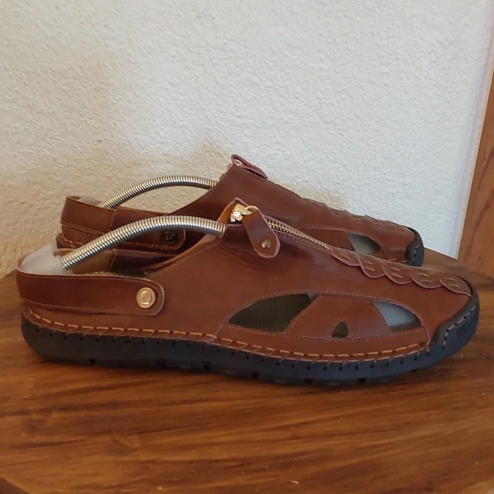 Men's Brown Leather Fisherman Sandal Shoes Adjustable Easy On /Off Sz.13
